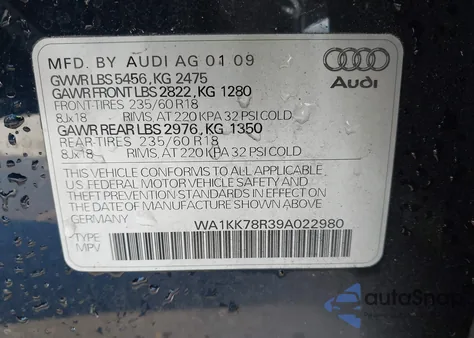 2009 Audi Q5 3.2 Premium from USA, damaged, VIN WA1KK78R39A022980